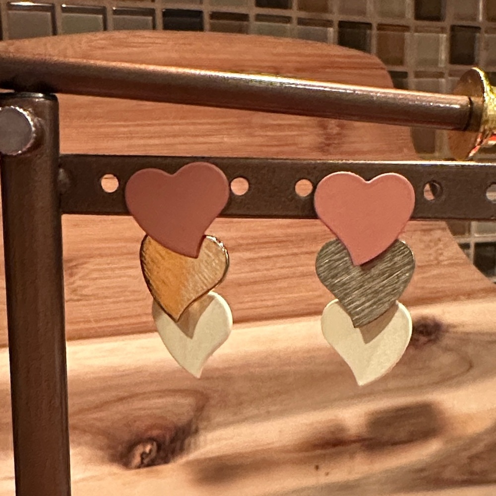 Heart Shaped Multi-Color Earrings of Cream, Brushed Gold, and a Dusty Rose.